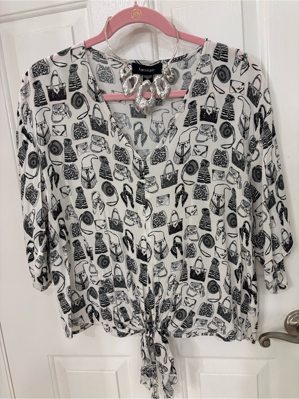 Karen Kane 100% Rayon Tie-Front Blouse Top Black White Handbag Print Made in USA